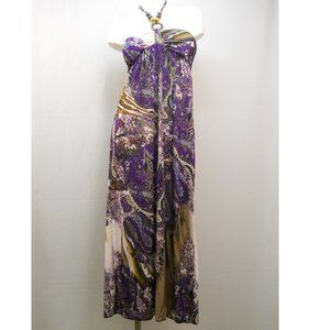 Women's Halter Dress Beaded-Straps Full-Length Sundress Purple-Paisley Size L